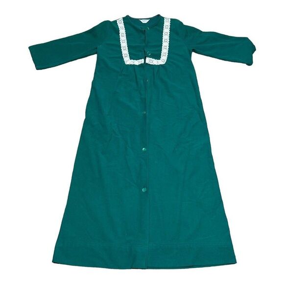 Reigning Beauty Green Long Granny Gown Robe Lace Trim Collar Moomoo Housecoat SE - Picture 1 of 8